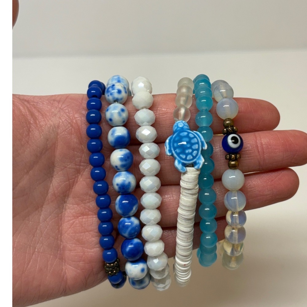 Blue White Beaded Stretch Bracelet Set 6pc Turtle Heart Evil Eye Coastal